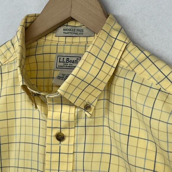 LL BEAN Shirt Mens M Wrinkle Resistant Twill Check Button Down Cotton Yellow - Picture 1 of 15